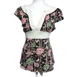 Whimsical Vintage Madknits Fairy Floral Polka Dots Babydoll V-Neck Top 1X Cotton